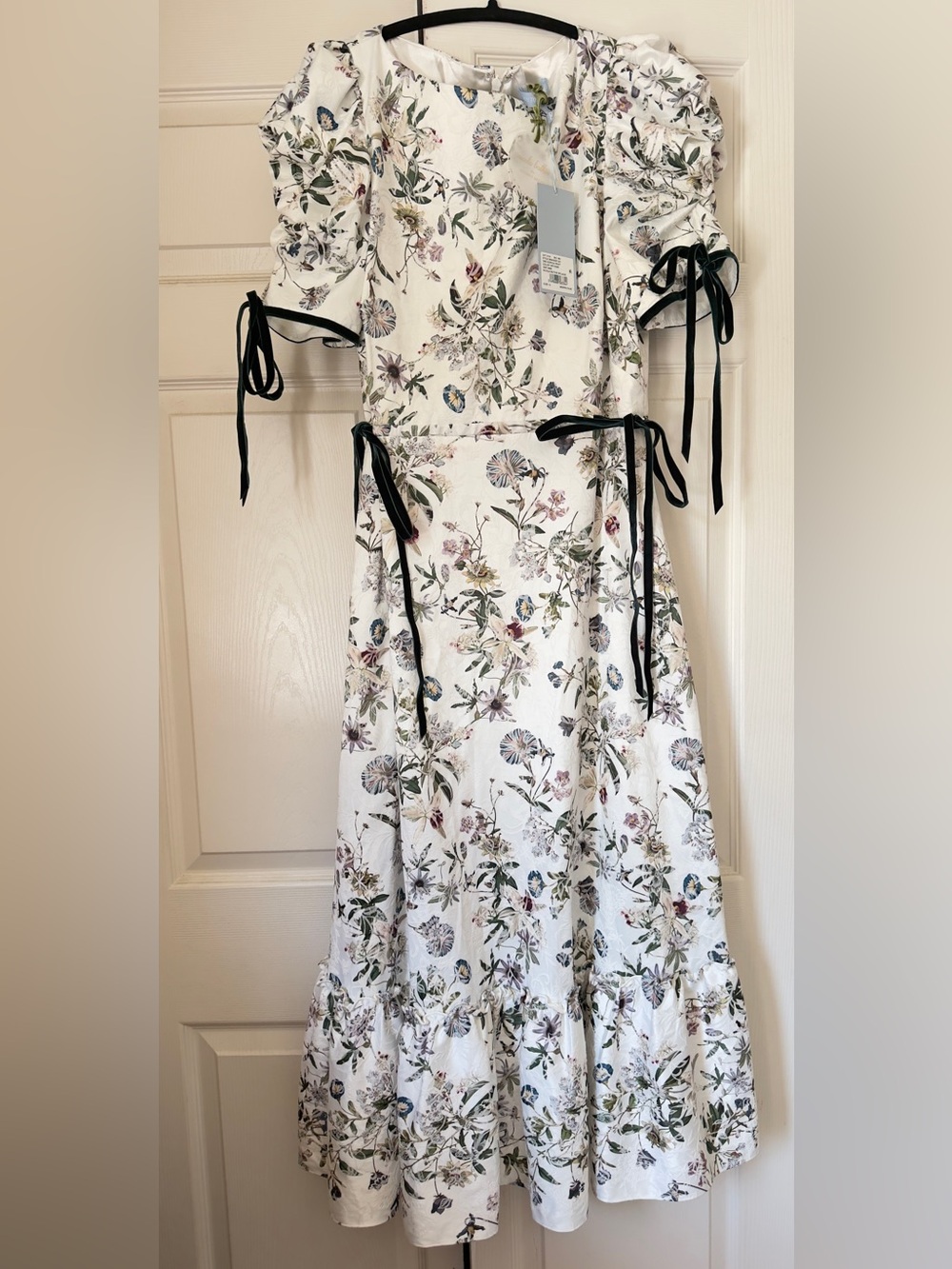 ANTONIO MELANI X Nicola Bathie Floral Puff-Sleeve Midi Dress with Green Bow Ties - Picture 3 of 5